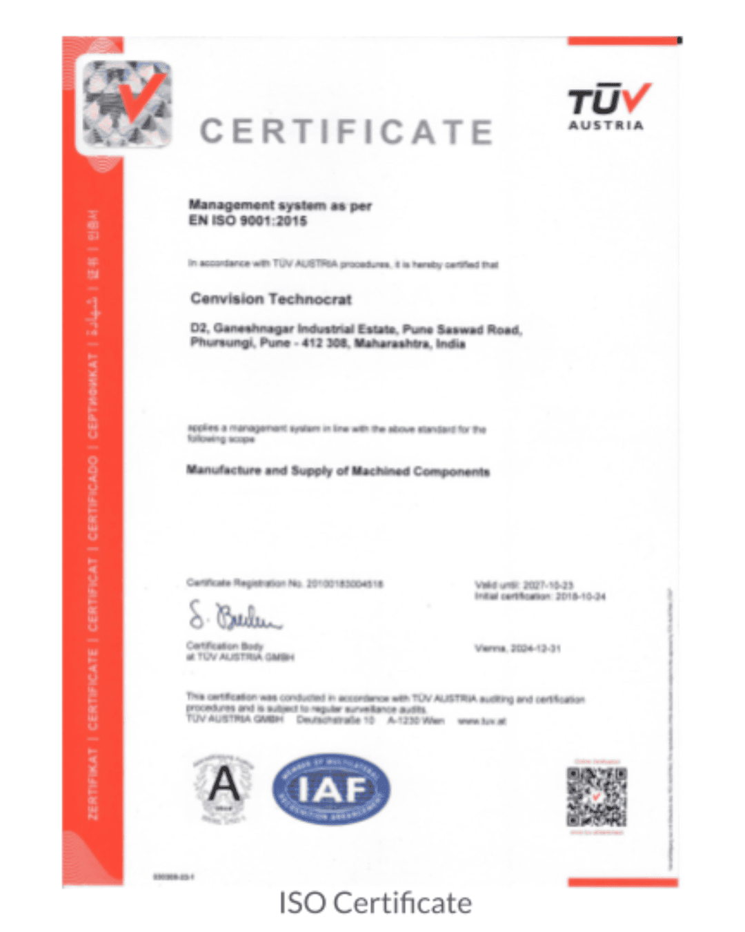 ISO 9001:2015 quality assurance certification - Cenvision Technocrats